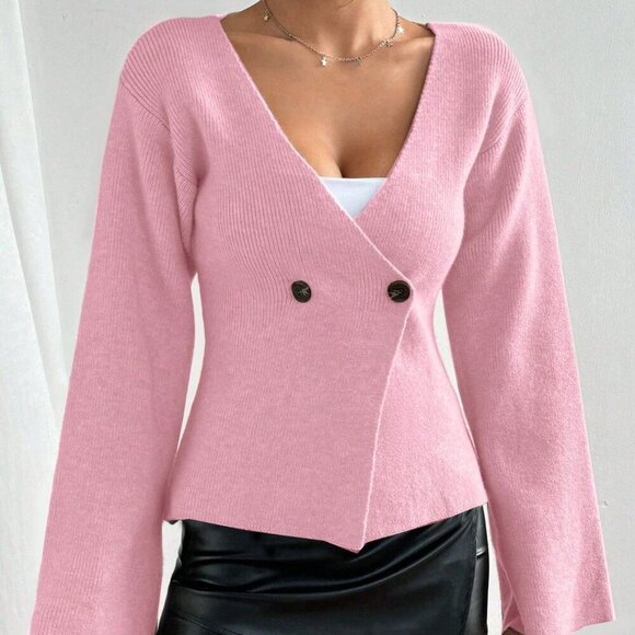 Pink Casual Women's Waist-button Cinched knit Cardigan - Picture 3 of 7